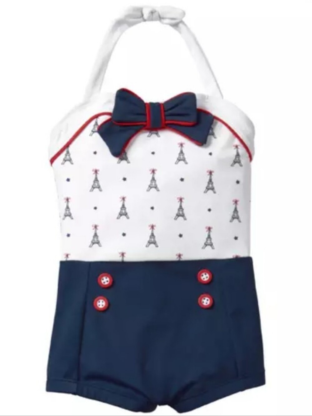 Navy & White Eiffel Tower Bow Halter One Piece Bathing Suit for Girls 2T